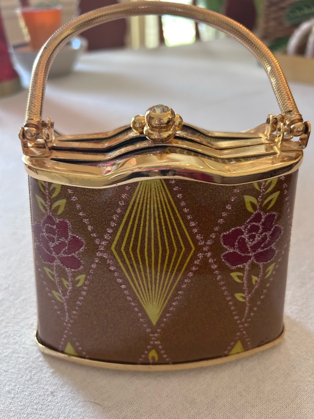 Brown Floral Mini Evening Bag with Gold Trim